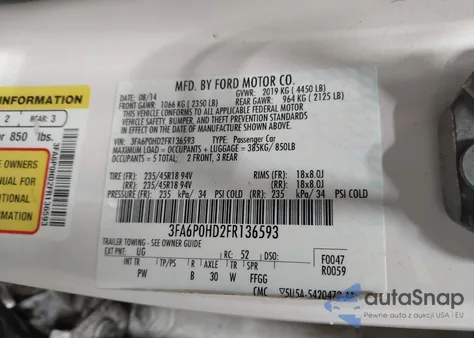 2015 Ford Fusion Se z USA, uszkodzony, nr VIN 3FA6P0HD2FR136593